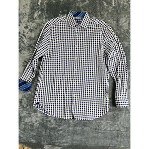 Michelsons Of London Blue Gingham Checkered Shirt Contrasting Cuffs Size L